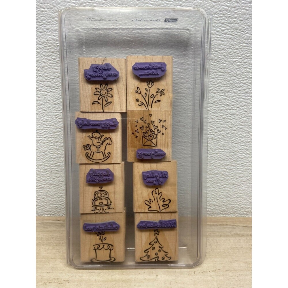 2003 Stampin Up Greetings Galore Set Of 8 Wood Mounted Rubber Stamps